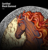 Decorative stone with horse design and 'Certified Black Diamond' text on a black background
