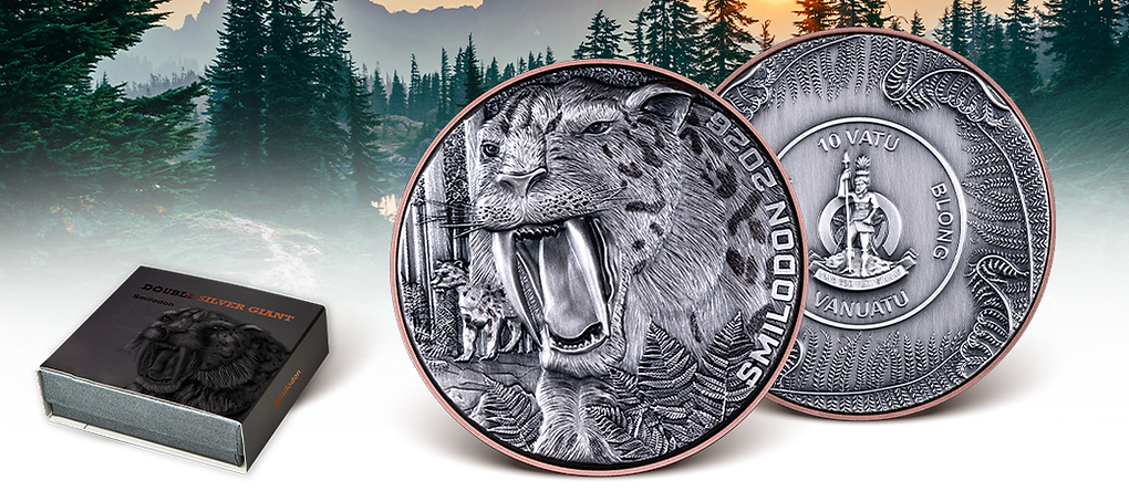 Two silver coins with a detailed design of a panther, one in front of the other, against a forest background.