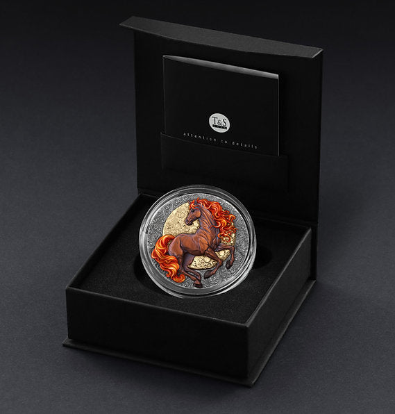 Colorful horse coin in a black box with TIBS branding on a dark background