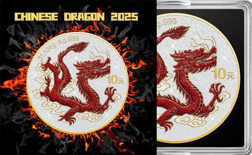 People's Republic of China PRC 2025 - / 10 Yuan CHINESE DRAGON Diamond Dust 1 Oz Silver Coin