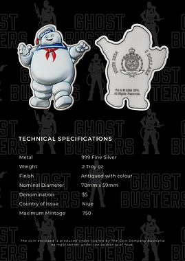 Niue 2024 $5 Ghostbusters™ Stay Puft Marshmallow Man Shaped 2oz .999 Silver Antiqued Coloured Coin