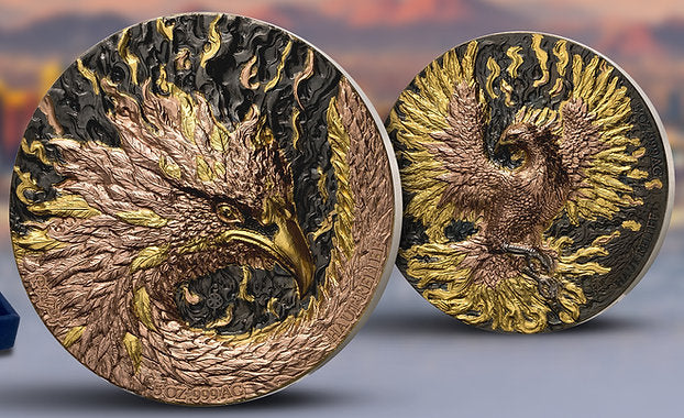 Two circular coins with detailed eagle designs on a gradient background 
