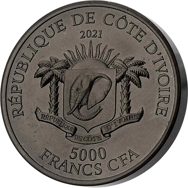 Ivory Coast 2021 5000 Francs Tiger Big 5 Asia 5 Oz Silver Black Matt Ceramic Finish