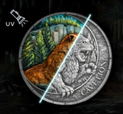 Coin with a lion design, featuring UV text and forest scene, on a dark background.