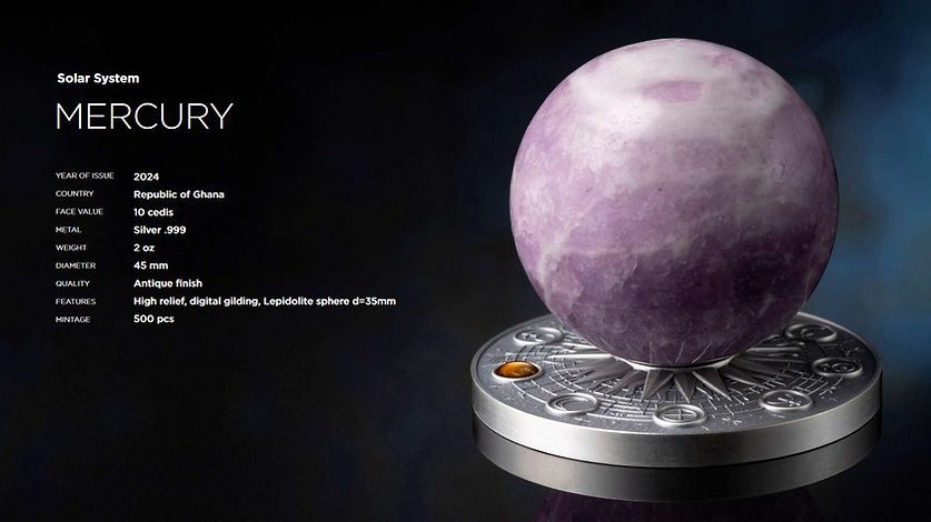 Ghana 2024 10 Cedis MERCURY Solar System 2 oz Antique Silver Coin Stand  & Removable Lepidolite Planet Mercury