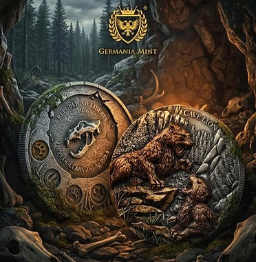 Decorative coin with bear design and 'Germania Mint' logo in a natural setting.