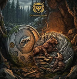 Decorative coin with bear design and 'Germania Mint' logo in a natural setting.