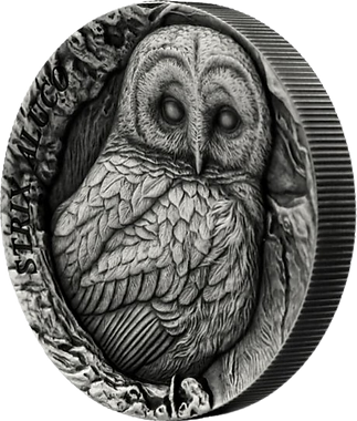 Samoa 2024 $2 TAWNY OWL STRIX ALUCO TREE HOLLOW 1 oz .999 Antique Silver Ultra High Relief Reverse