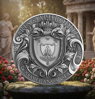 Decorative coin with classical design in a garden setting