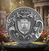 Decorative coin with classical design in a garden setting