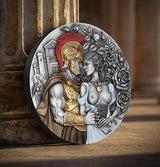 Decorative round piece with a classical design of a warrior and a woman, surrounded by roses, on a wooden surface.