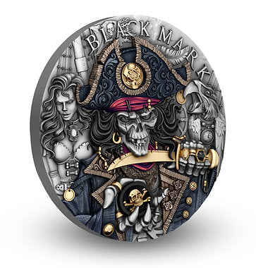 Decorative coin with intricate designs and text 'Black Mark' on a white background