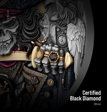 Artistic depiction of a certified black diamond with intricate designs on a dark background