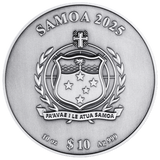Silver coin with Samoa 2025 design featuring a shield and stars on a white background