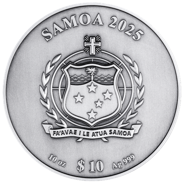 Silver coin with Samoa 2025 design featuring a shield and stars on a white background