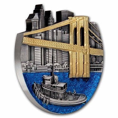 Decorative plaque with a cityscape featuring a bridge and a boat.