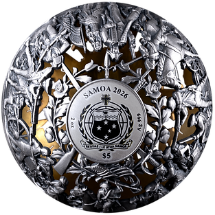 Samoa 2026 $5 REVOLUTION and FREEDOM 2 Oz .999 Antiqued Silver Filigree Spherical Coin