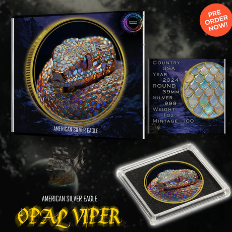 PRE-ORDER USA 2024 $1 American Eagle Opal Viper Snake - 1 Oz Gold Glided .999 Silver Coin 100 made