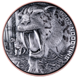 Silver coin with a snow leopard design on a white background