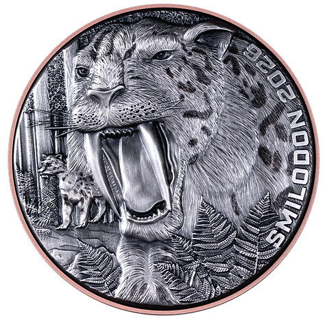Silver coin with a snow leopard design on a white background