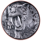 Silver coin with a snow leopard design on a white background
