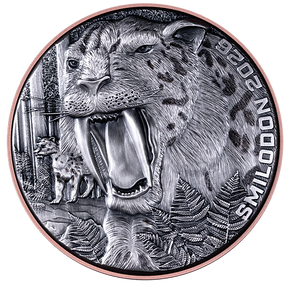 Silver coin with a snow leopard design on a white background