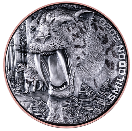 Silver coin with a snow leopard design on a white background