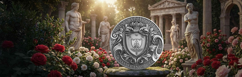 Decorative stone emblem with classical architecture and statues in the background page banner - FORTYMILLION