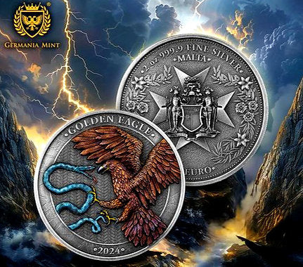 Germania Mint Malta 2024 10 Euro GOLDEN EAGLE 2 oz 999.9 Antique Silver BU HR Limited Edition