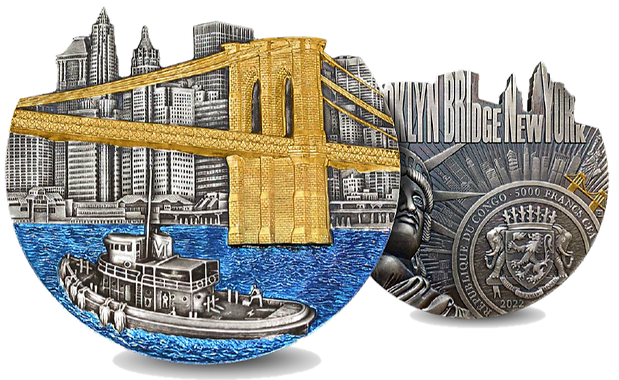 Framed artwork of the Brooklyn Bridge with a tugboat and New York City skyline.