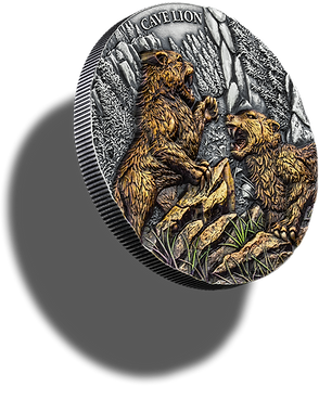 Decorative coin with engraved wolves and 'Cavellion' text on a dark background
