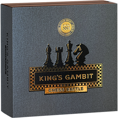 Chess set packaging with 'King's Gambit' branding on a gray background