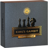 Chess set packaging with 'King's Gambit' branding on a gray background