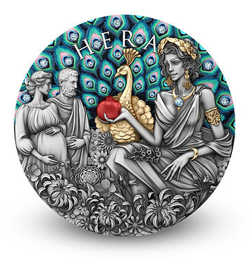 Niue 2025 $5 HERA - Divine Beauty Series - 2 Oz .999 Silver Coin with 23 x Aquamarine embedded Crystals