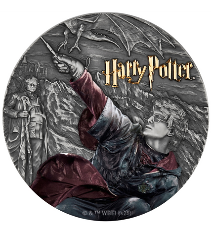 Niue 2025 $5 HARRY POTTER AND THE GOBLET of FIRE 2 Oz Coloured Antique Silver Selectively gold plated