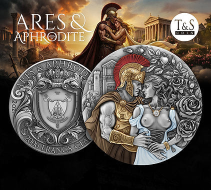 Two sides of a coin featuring Ares and Aphrodite with classical architecture in the background.