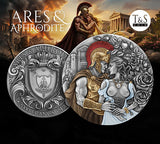 Two sides of a coin featuring Ares and Aphrodite with classical architecture in the background.