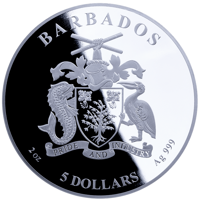 Silver coin with Barbados coat of arms and text on a white background
