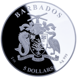 Silver coin with Barbados coat of arms and text on a white background