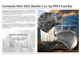 Germania Mint 2025 Bearlin 5 oz 999.9 Silver Cast Bar