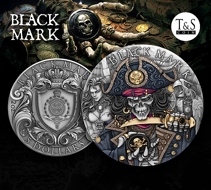 Two ornate coins with 'Black Mark' branding on a dark background