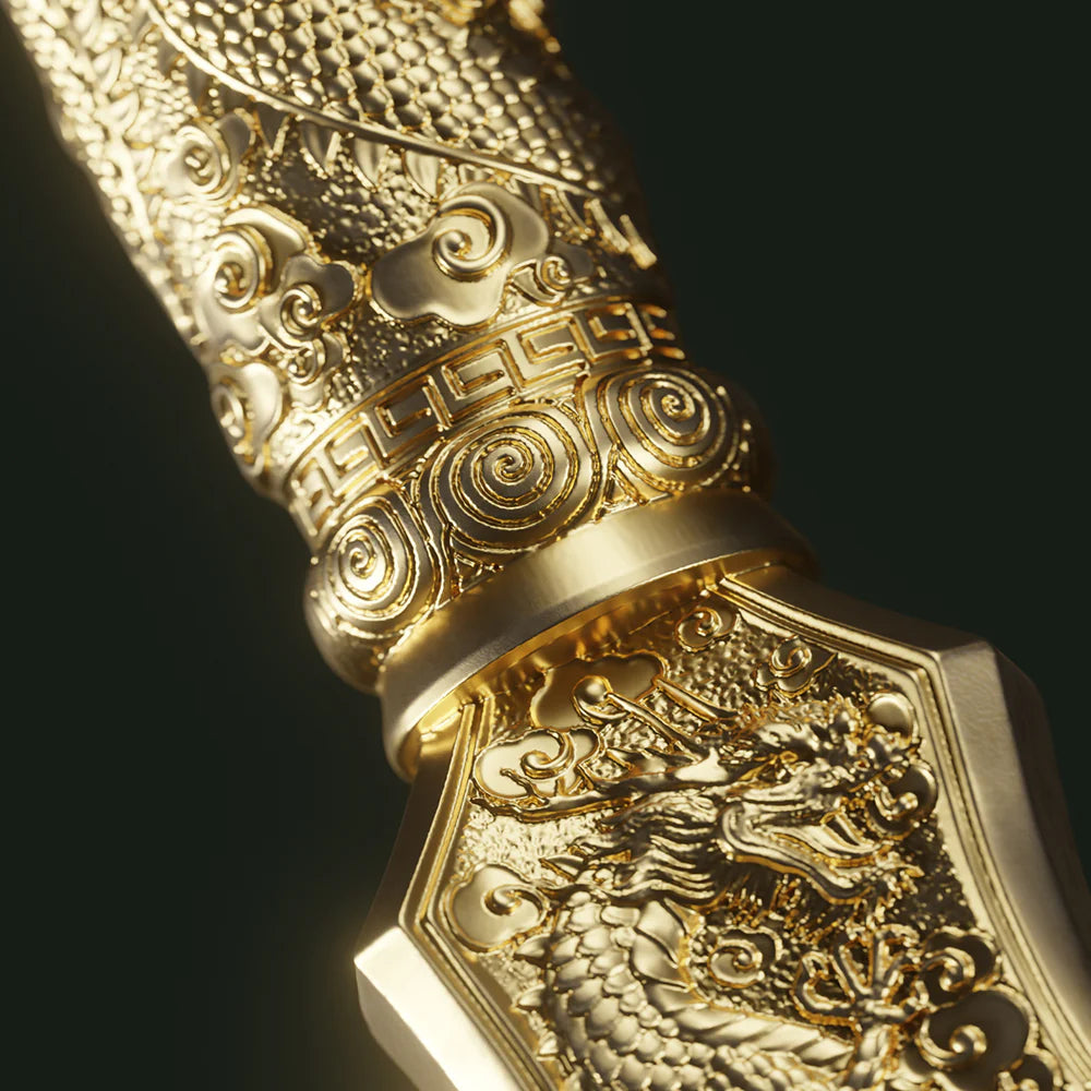 Decorative gold dagger with intricate patterns on a dark background