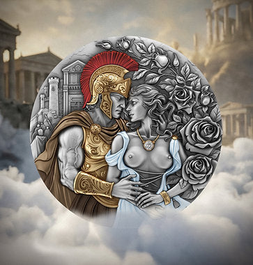 Decorative coin with classical design of a warrior and woman, surrounded by roses and architectural elements.