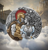 Decorative coin with classical design of a warrior and woman, surrounded by roses and architectural elements.