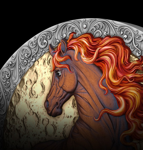 Decorative plaque with a horse's head and fiery mane on a black background