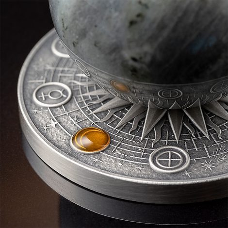 Ghana 2024 10 Cedis MOON Solar System 2 oz Antique Silver  Coin Stand  & Removable Labradorite  Planet Moon