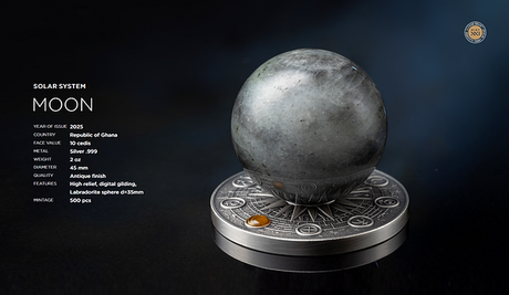 Ghana 2025 10 Cedis MOON Solar System 2 oz Antique .999 Silver Coin Stand & Removable Labradorite Moon