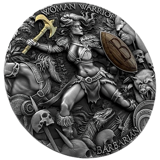Niue 2024 $5 BARBARIAN Woman Warriors 2 oz High Relief Coloured Antique Silver