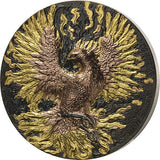 Decorative coin with a gold and bronze phoenix design on a white background