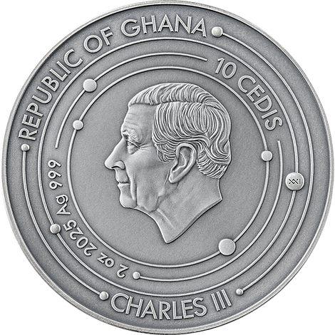 Ghana 2024 10 Cedis MOON Solar System 2 oz Antique Silver  Coin Stand  & Removable Labradorite  Planet Moon